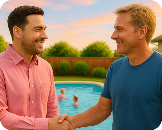 Dois homens fechando um negocio com um aperto de mãos, ao fundo um piscina elegante da marca Restart Piscinas